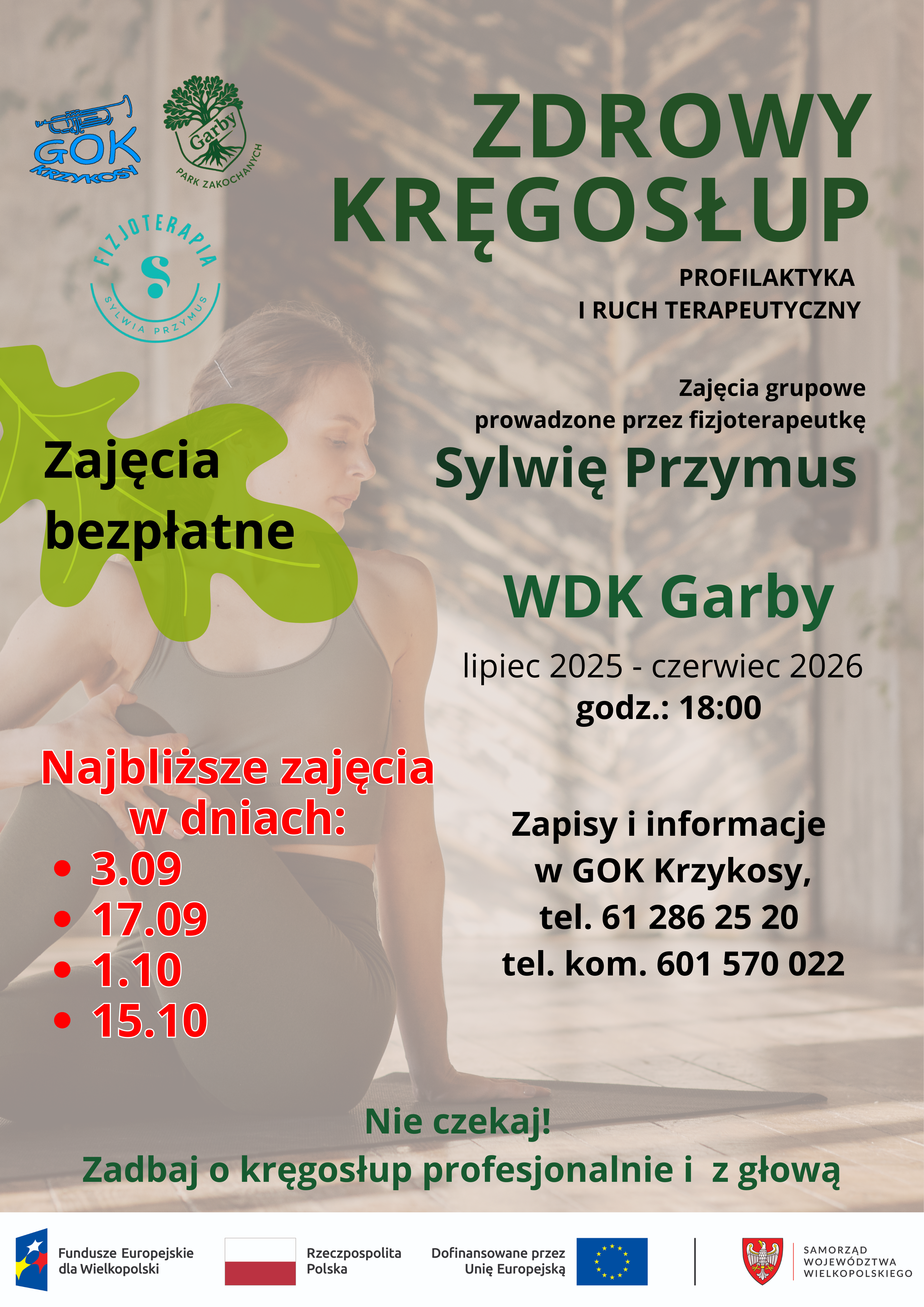 Plakat z&nbsp;terminami najbliższych zajęć zdrowy kręgosłup w&nbsp;dniach 3.09, 17.09, 1.10, 15.10