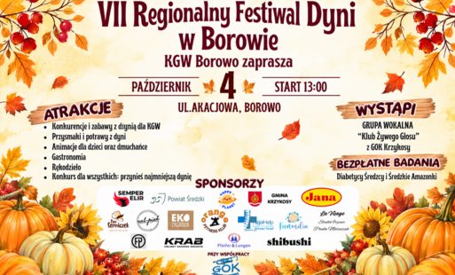 Plakat VII Regionalnego Festiwalu Dyni w Borowie – 4 października o godz. 13:00 przy ul. Akacjowej. W programie konkursy i zabawy z dynią, potrawy z dyni, atrakcje dla dzieci, gastronomia, rękodzieło oraz występ grupy wokalnej „Klub Żywego Głosu” z GOK Krzykosy. Bezpłatne badania dla uczestników.